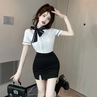 150矮个子空姐职业套装短袖衬衫+包臀裙工作服两件套145加小码xxs