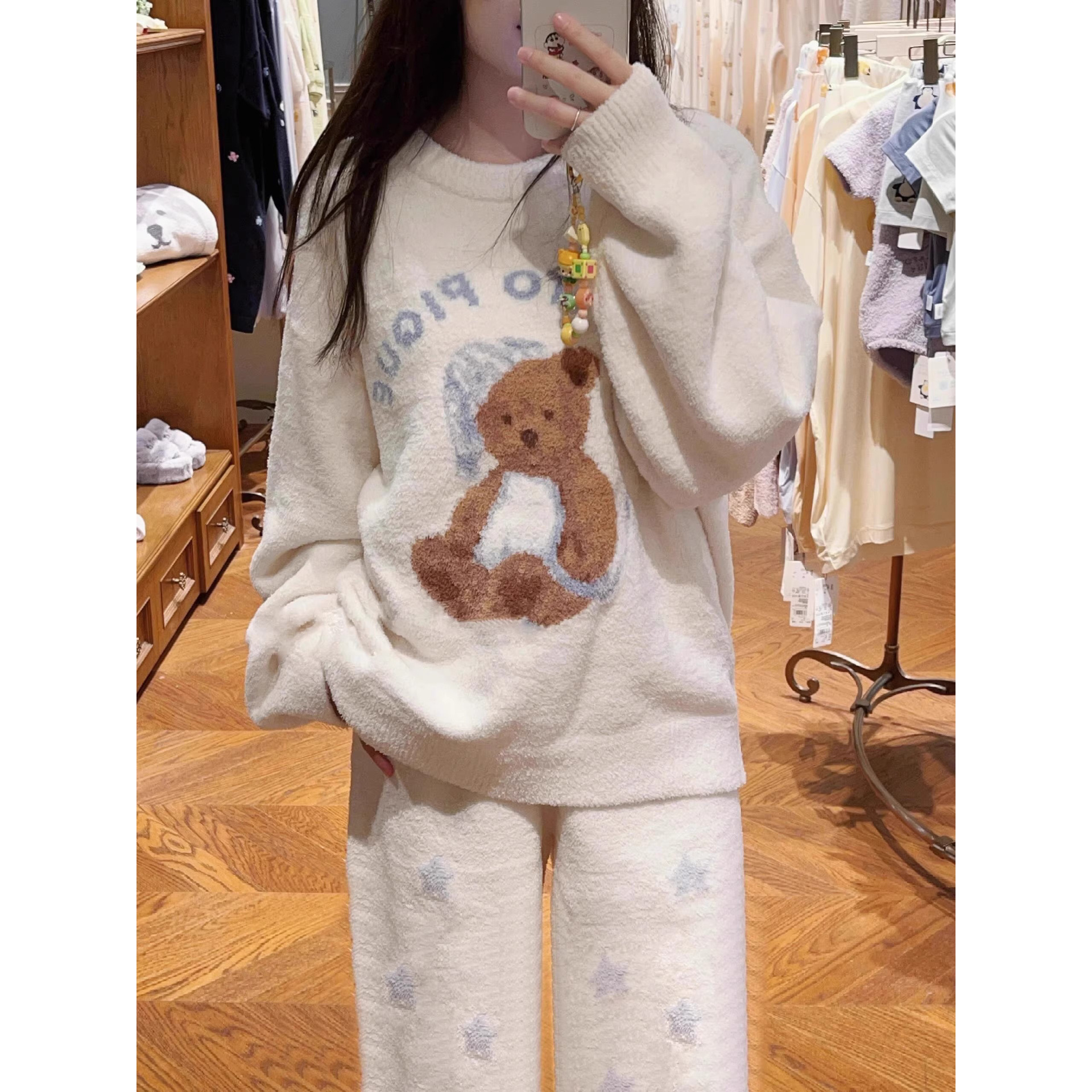 150cm小个子半边绒睡衣加厚保暖套装小熊可爱家居服冬款可外穿xxs