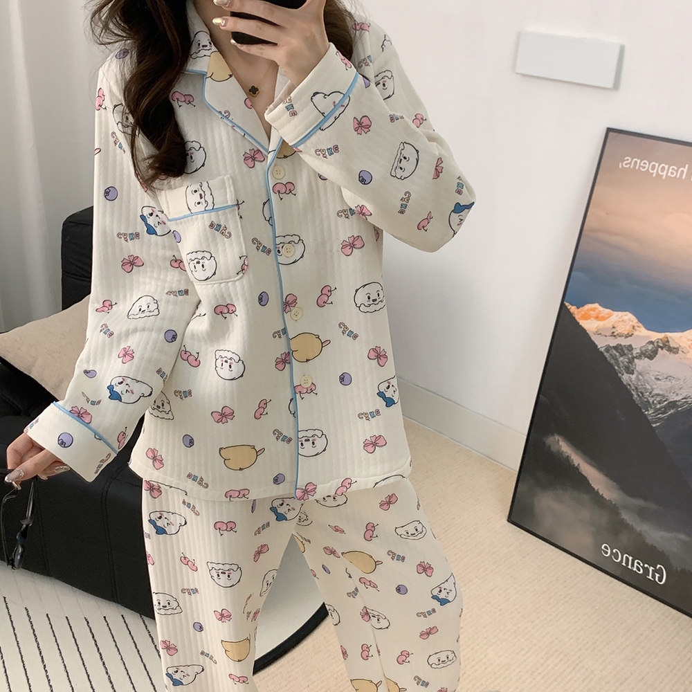 70斤150小个子秋冬新款睡衣女夹层空气棉时尚休闲家居服套装xxs码