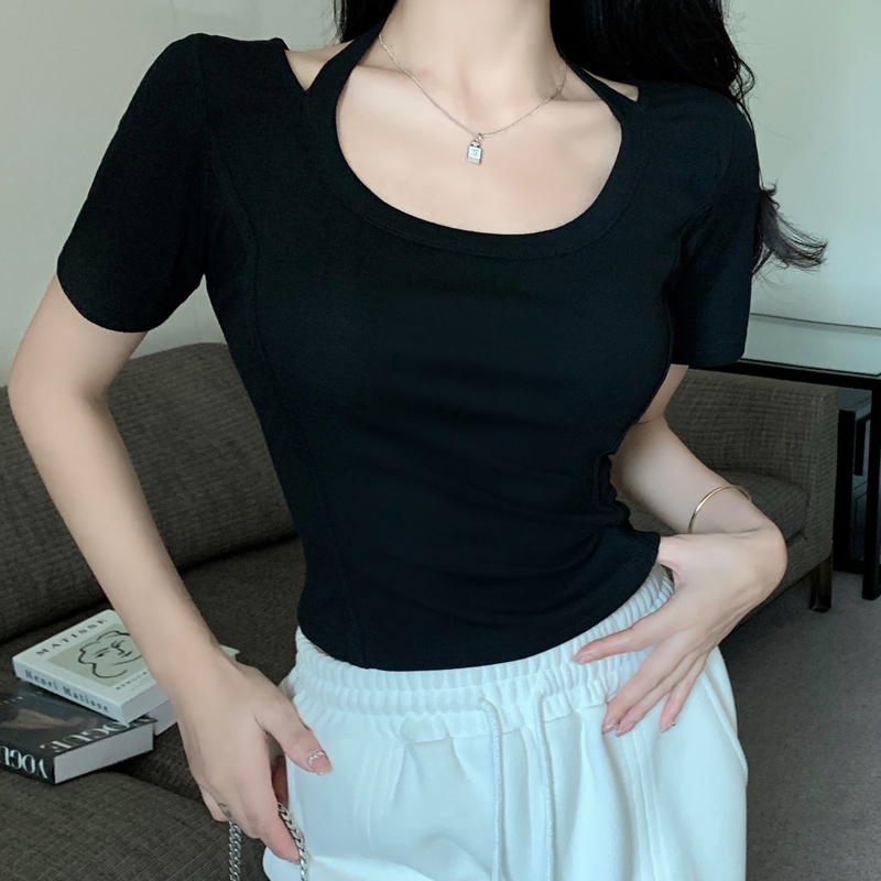 150cm矮个子纯欲设计短袖xs码锁骨修身挂脖鱼骨T恤上衣xxs加小码