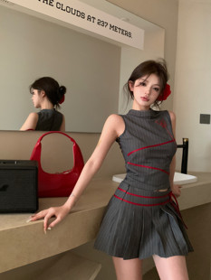 小款150矮个子刺绣裙子xs码时尚条纹背心百褶裙套装气质xxs加小码