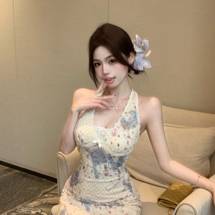 夏150cm矮个子辣妹设计感挂脖露背蕾丝连衣裙短款 带胸垫xxs加小码