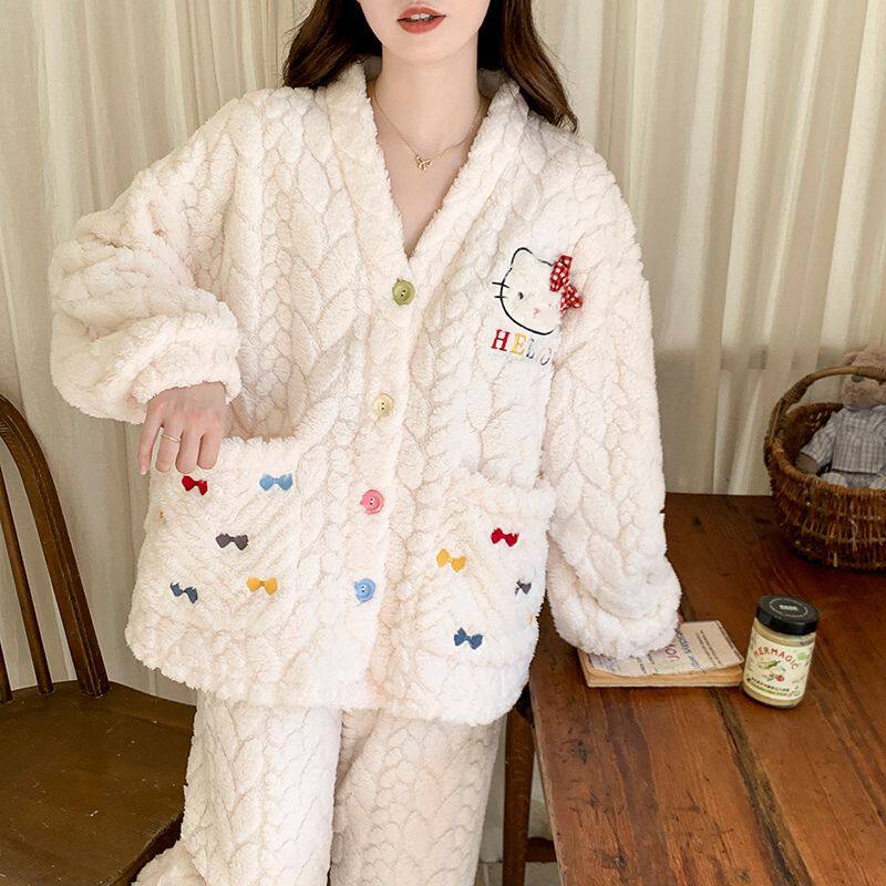 150cm小个子提花绒加厚保暖睡衣秋冬法兰绒甜美KT猫家居服套装xxs