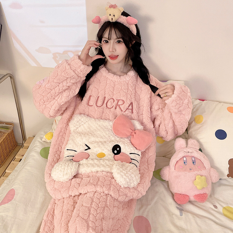 冬季150cm小个子睡衣提花绒圆领套头长袖长裤保暖家居服套装xxs码