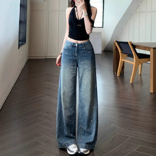 xxs码 155小矮个子满天星烫钻阔腿牛仔裤 子长裤 裤 宽松显瘦超好看