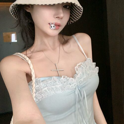 145/150cm矮个子纯欲蕾丝花边拼接吊带背心百搭无袖上衣xxs加小码