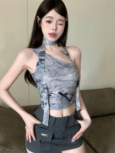 性感气质晕染打底背心上衣145加小码 150cm矮个子露肩飘带短款 修身