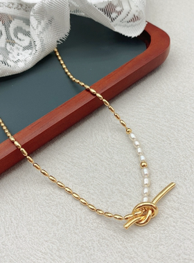 铜镀金圆珠链珍珠镶嵌气质项链女