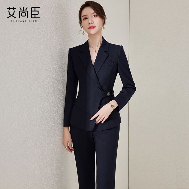 艾尚臣房地产中介工作服女秋冬高端藏青色爱尚臣售楼部西装套装女