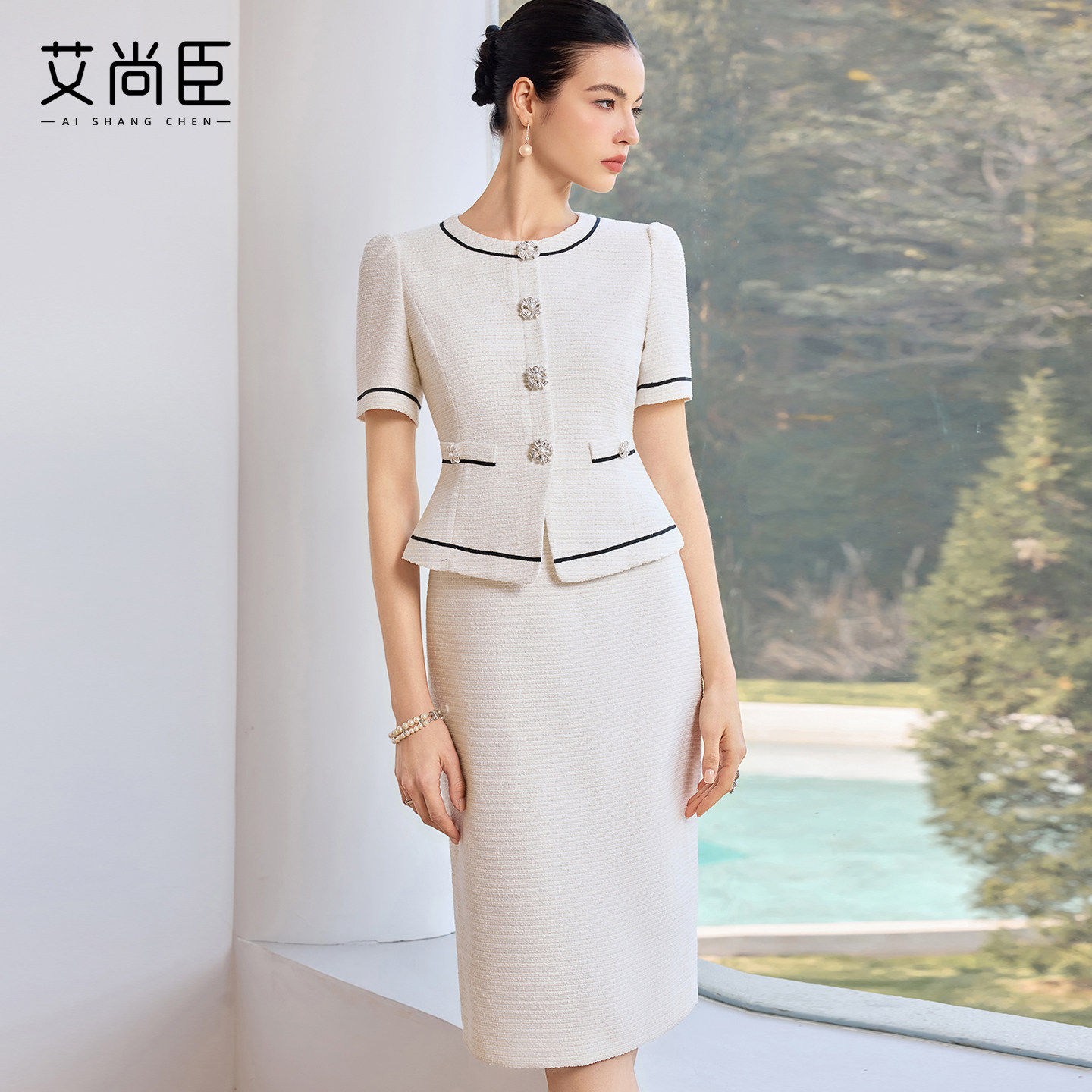 艾尚臣职业装连衣裙女短袖美容院前台接待美业老师收腰假两件工装