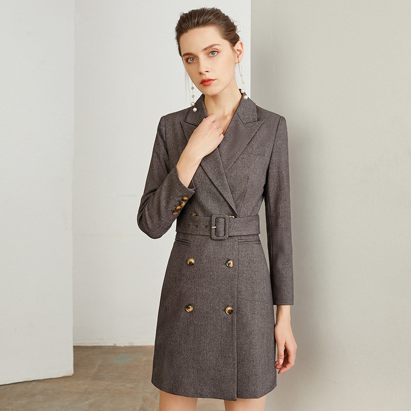 置业顾问工装职业装高端灰色西装领双排扣连衣裙女冬爱尚臣珠宝店
