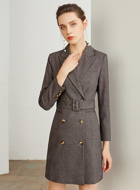置业顾问工装职业装高端灰色西装领双排扣连衣裙女冬爱尚臣珠宝店