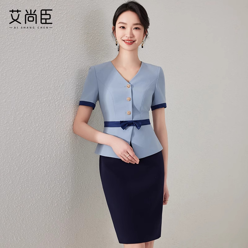 艾尚臣蓝色连衣裙女美容院职业装