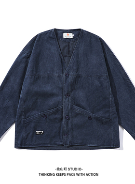 EMP 春季新品男女宽松大口袋日系百搭V领夹克磨毛帅气外套上衣