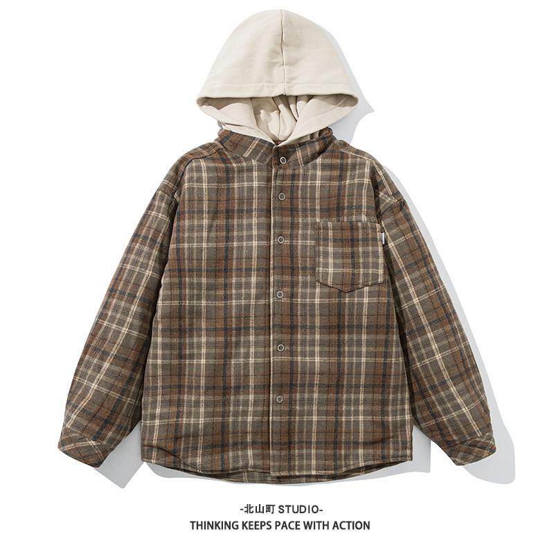 格子连帽加厚棉衣格子连帽冬季