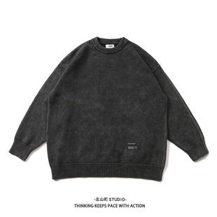 质感套头衫 EMP冬装 重磅圆领日系复古水洗做旧毛衣墨白针织男士