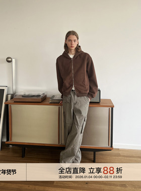 EMP 重磅400G春秋复古宽松短款连帽卫衣男女Cleanfit拉链开衫外套