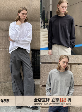 EMP 美式基础款纯色圆领收口长袖T恤男女春秋宽松内搭纯棉打底衫