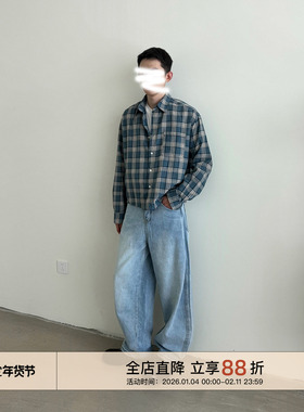 EMP Studio 春秋美式复古短款格子长袖衬衫男女Cleanfit休闲衬衣