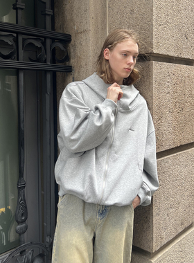 EMP 美式重磅灰色少年感高领连帽卫衣男女秋冬宽松拉链开衫外套