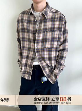 EMP Studio 复古毛边破坏拉丝纯棉格纹长袖衬衫男女Cleanfit衬衣