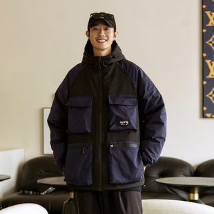 EMP日系潮流撞色连帽棉服户外加厚保暖棉衣立体口袋宽松外套男