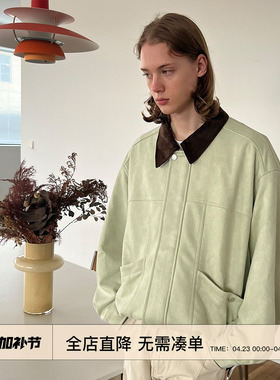 EMP 重磅复古巴恩风拼接翻领麂皮绒外套男秋冬宽松设计感工装夹克