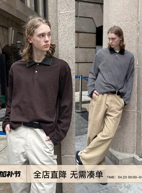 EMP 春秋复古宽松拼接撞色Polo领条纹长袖T恤男女Cleanfit打底衫