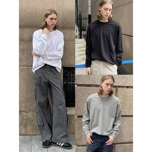 T恤男女春秋宽松内搭纯棉打底衫 EMP 纯色圆领收口长袖 基础款 美式