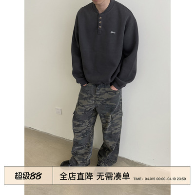 EMP复古亨利领刺绣短款套头卫衣