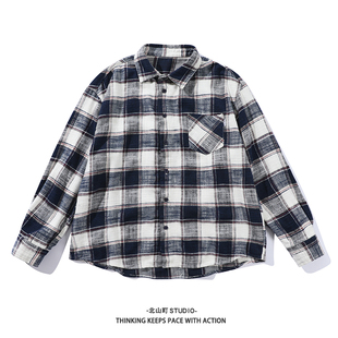 EMP日系cityboy宽松格子长袖 男女磨毛衬衣情侣休闲外套男 衬衫