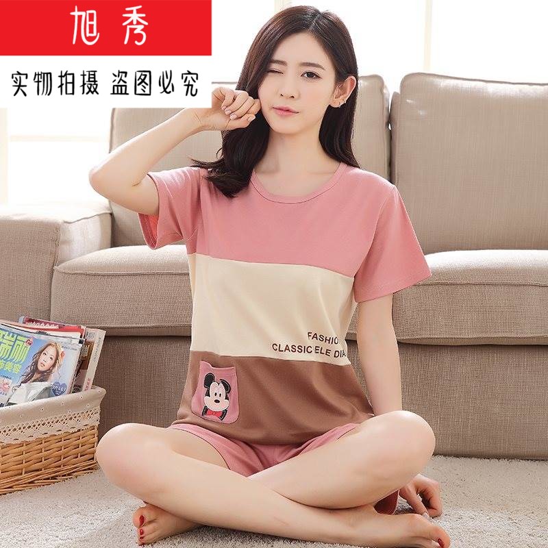 旭秀夏季短袖短裤套装女带胸垫棉绸睡衣麻 亚麻儿童男纯棉夏季女热销0件买三送一