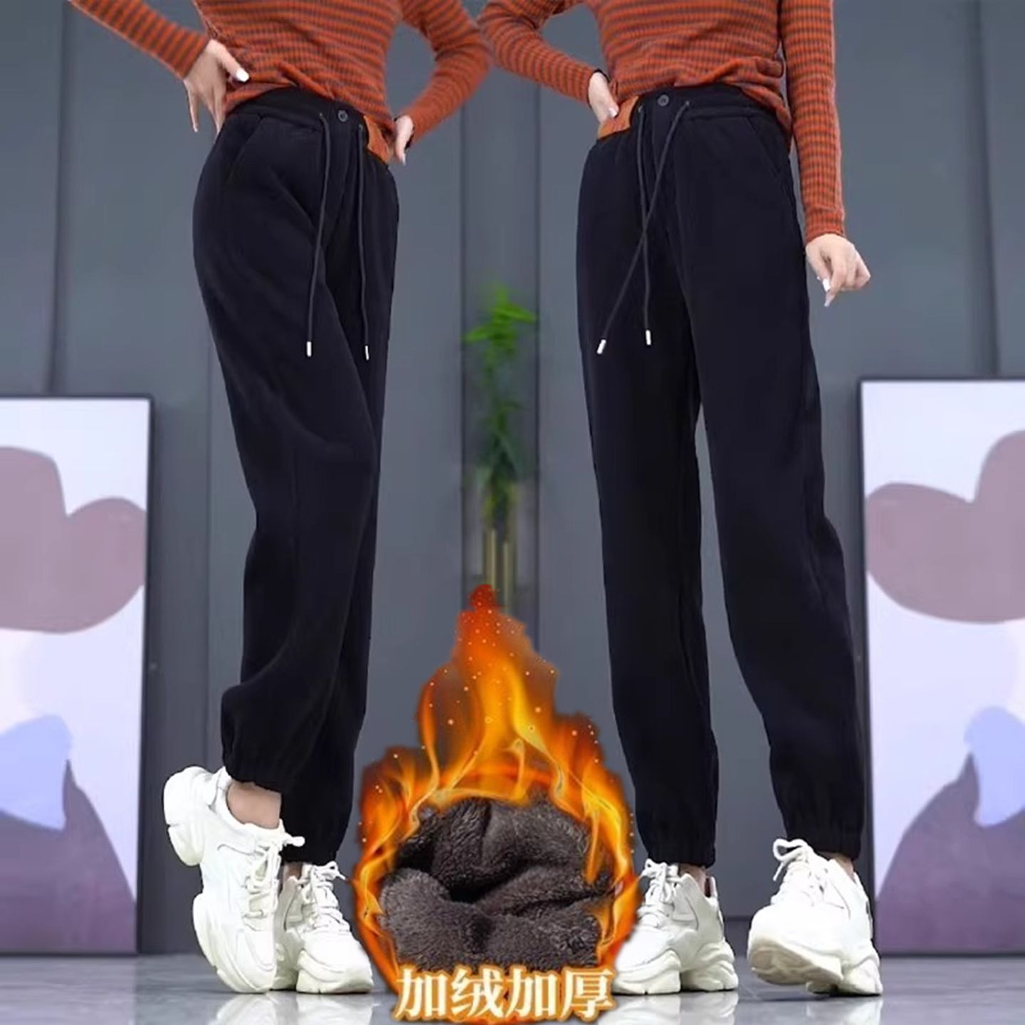 加绒加厚哈伦卫裤子女士秋冬季大码胖mm宽松显瘦束脚高腰休闲长裤