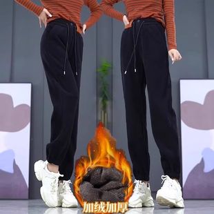 胖mm宽松显瘦束脚高腰休闲长裤 大码 子女士秋冬季 加绒加厚哈伦卫裤