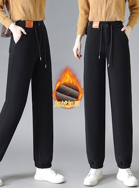 加绒加厚哈伦卫裤子女秋冬大码胖mm保暖百搭高腰束脚运动休闲长裤