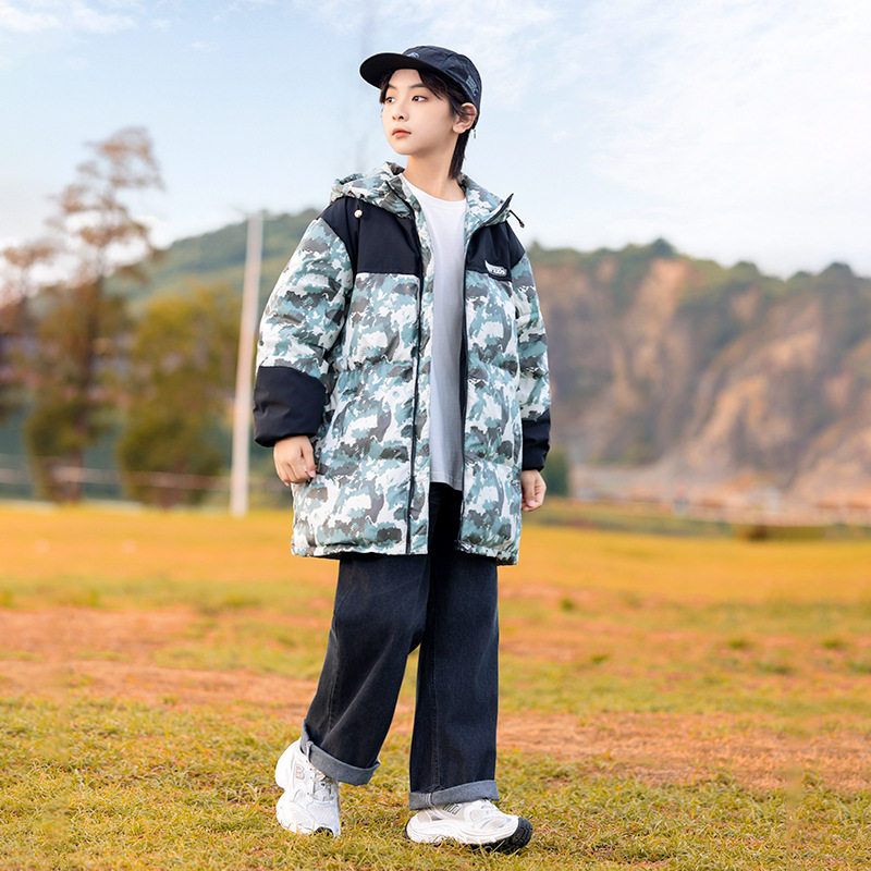 男童学生中长款宽松羽绒服加厚黑绿迷彩外套大童连帽棉袄衣棉服冬