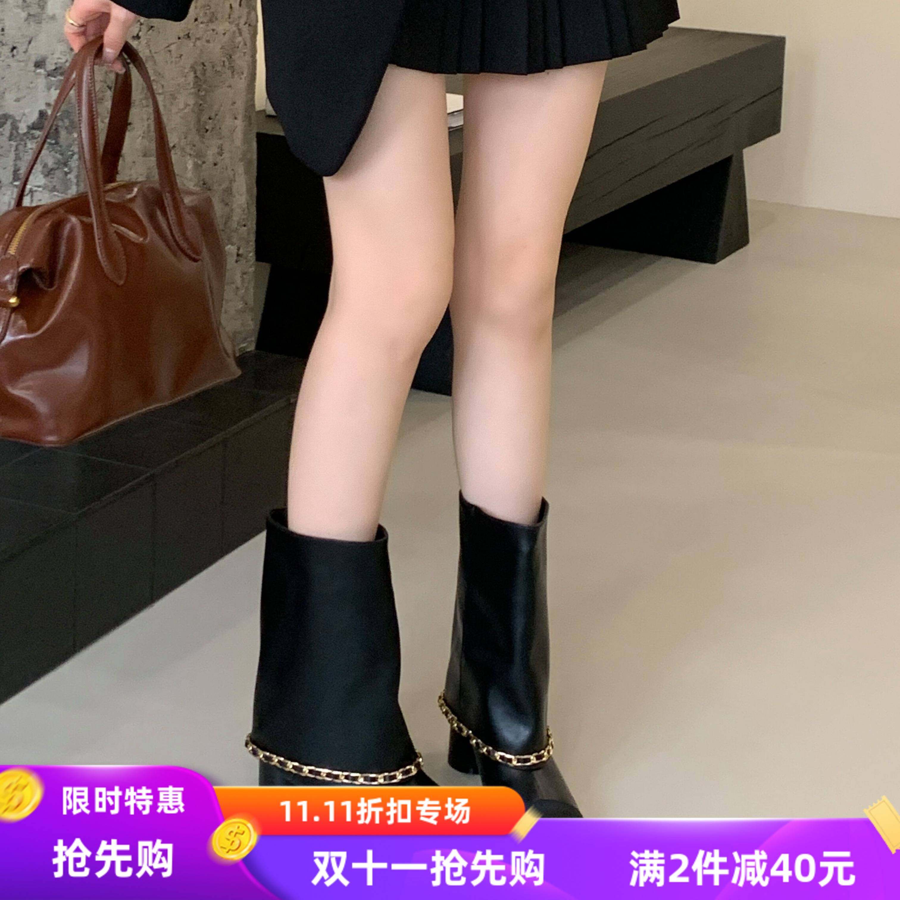 小香风圆头拼色骑士靴2025年秋季气质粗跟中筒裤管靴女