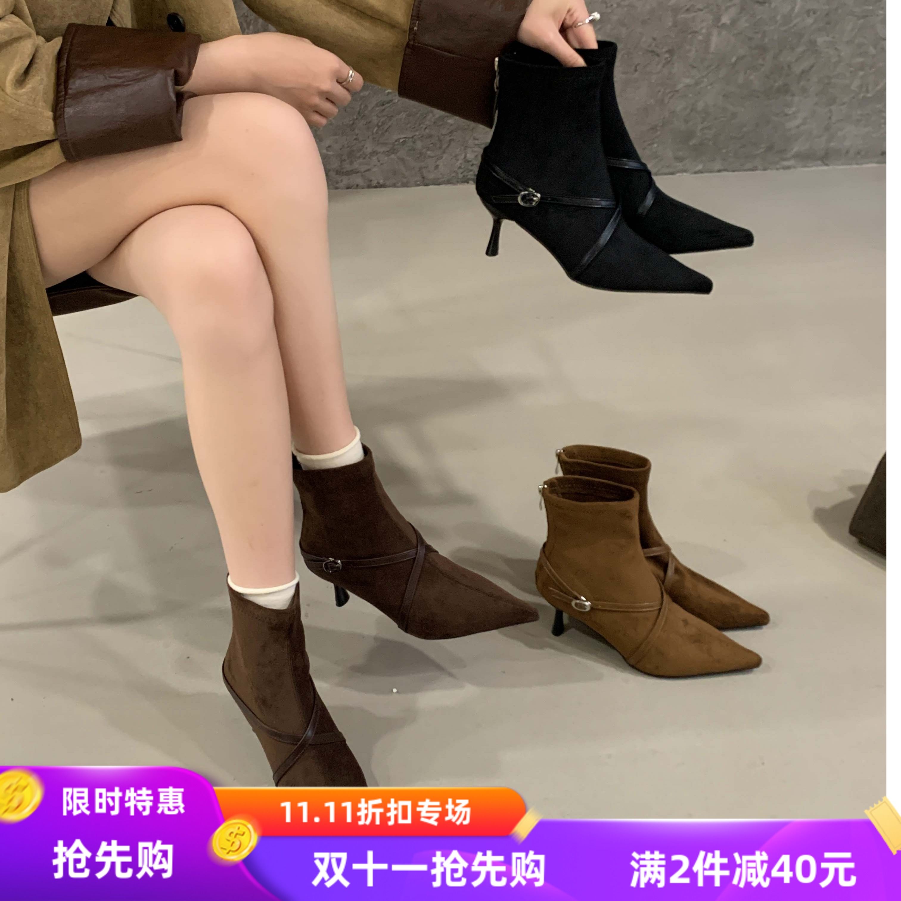 欧美交叉皮带扣高跟短靴2025年秋冬绒面尖头细跟后拉链瘦瘦靴