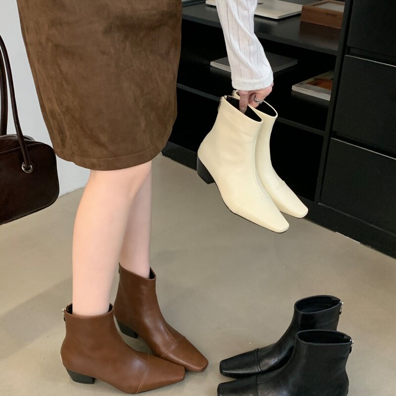 the girl欧美韩系简约小方头粗跟短靴绒面复古百搭时尚及裸靴春秋