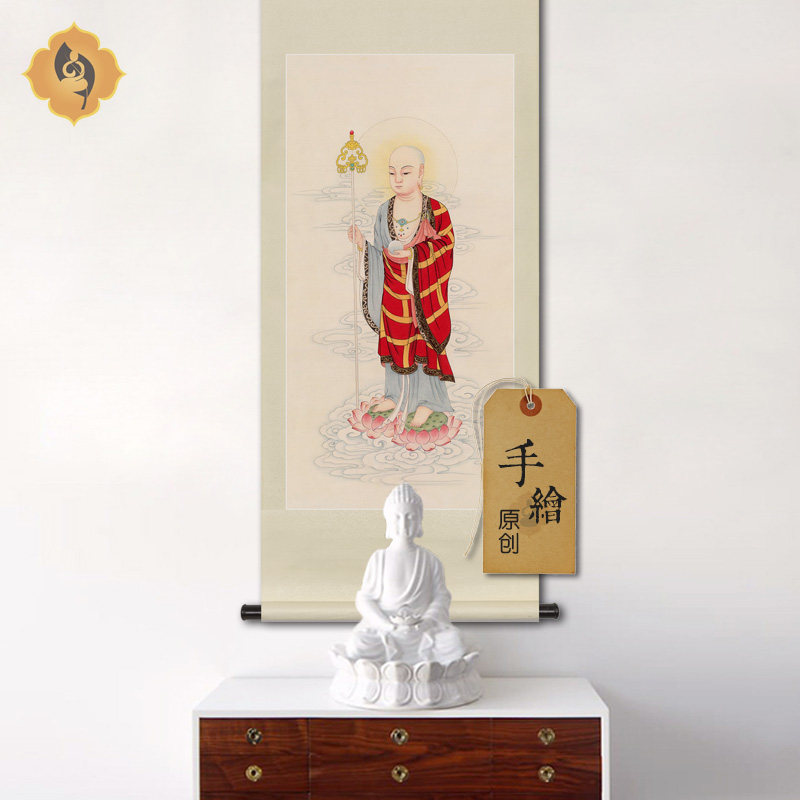 手绘工笔佛像人物国画大愿地藏王菩萨画像佛堂法会供奉中式挂画框