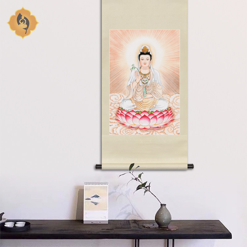 工笔佛像国画坐莲白衣观音菩萨画像佛堂玄关书房供奉中式卷轴挂画