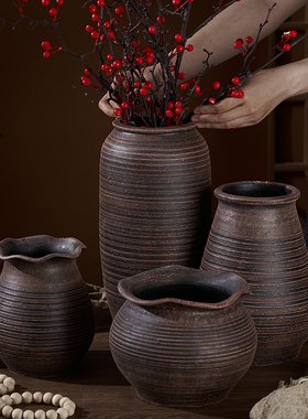 禅意粗陶罐复古花瓶新中式干花多肉花盆干花水培客厅摆件清仓特价