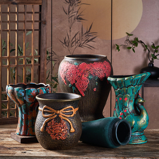 手绘浮雕花盆高端绿植盆栽法师老桩三角梅透气无釉客厅摆件创意