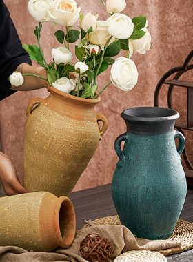 粗陶花瓶摆件多肉花盆客厅新中式插花干花水培复古土陶罐清仓特价