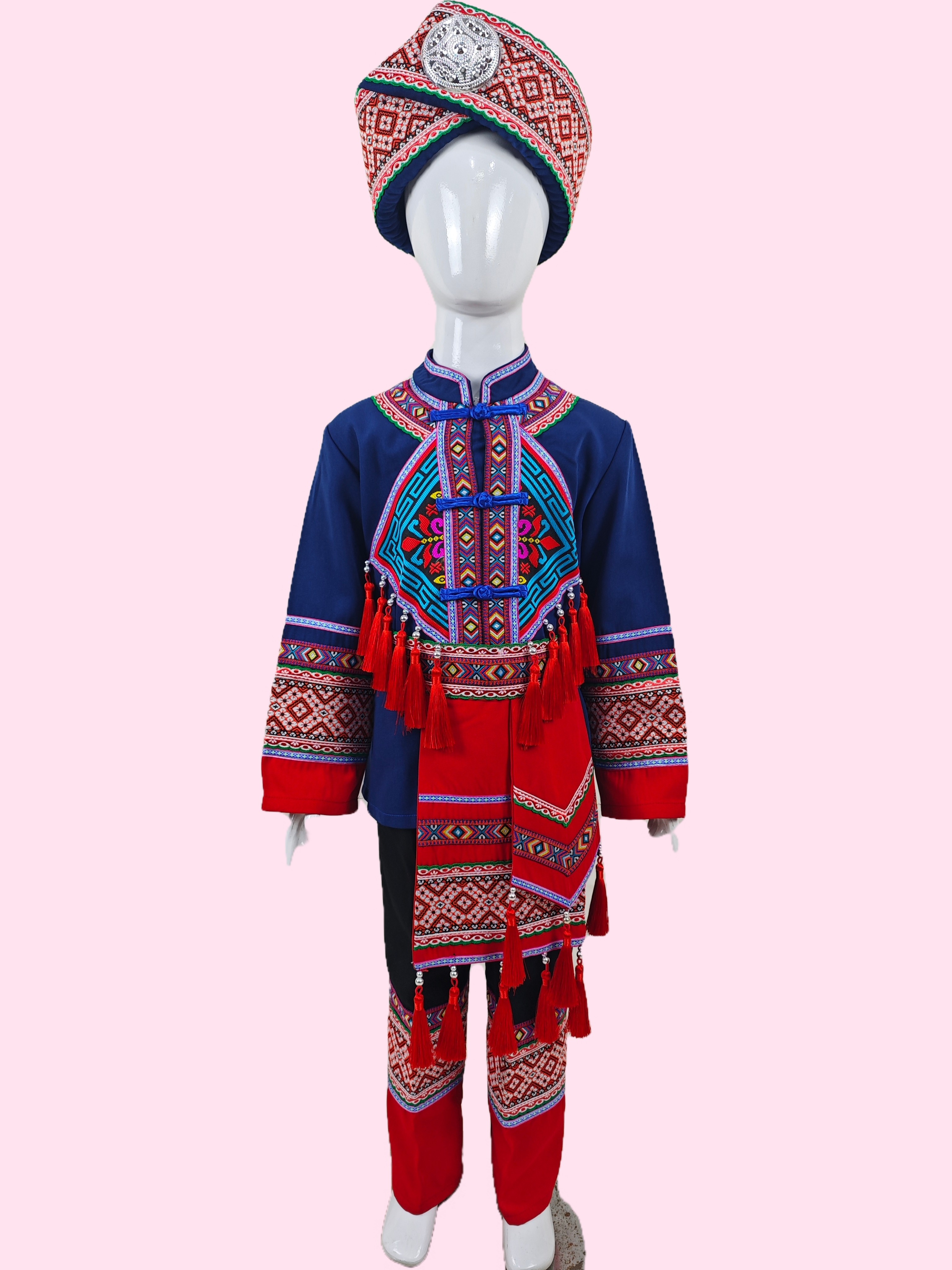 广西少数民族服装儿童壮族舞蹈摄影男女童演出服苗族刺绣连衣裙新