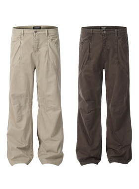 EMCTWO新款美式男高街复古宽松直筒工装裤男女春秋季微喇牛仔长裤