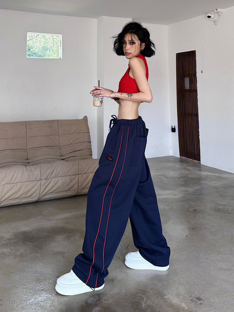 美式双杠运动裤女春夏季条纹垂感阔腿休闲裤高腰宽松hiphop卫裤子