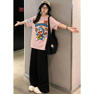 慵懒风休闲时尚套装女夏季学生宽松圆领短袖上衣九分阔腿裤两件套