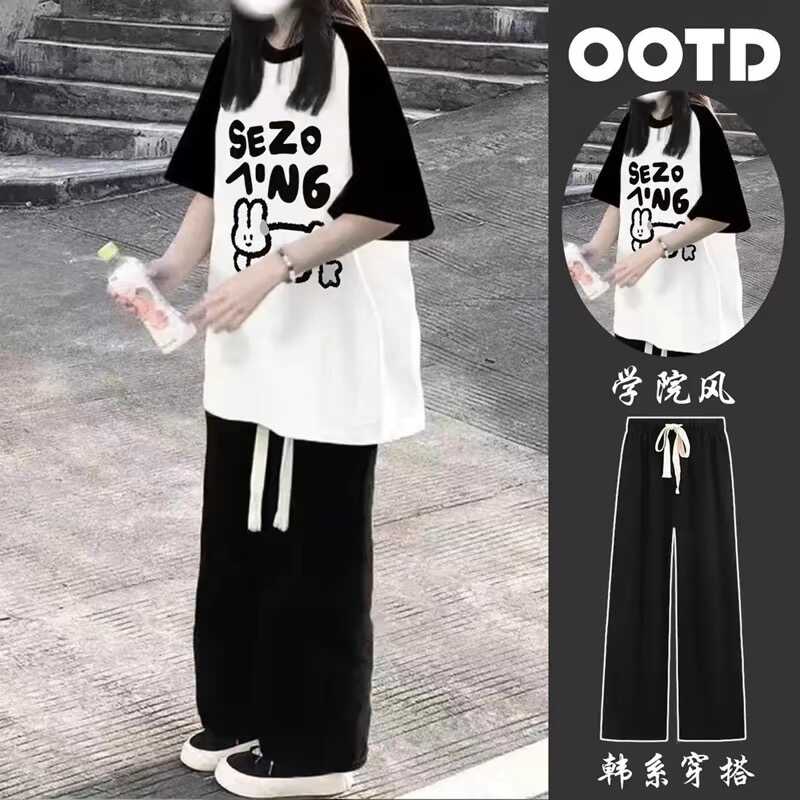 小个子休闲运动套装女夏季中学生洋气宽松短袖阔腿长裤减龄两件套