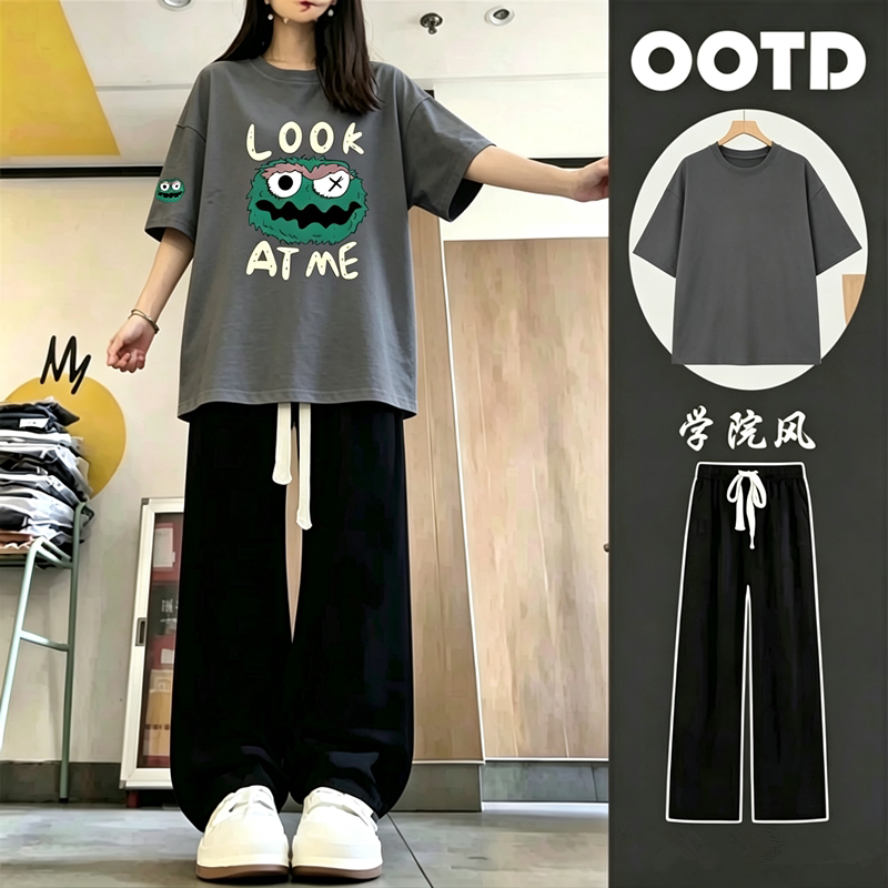 学院风休闲运动服套装女夏季学生韩版宽松显瘦灰色短袖长裤两件套